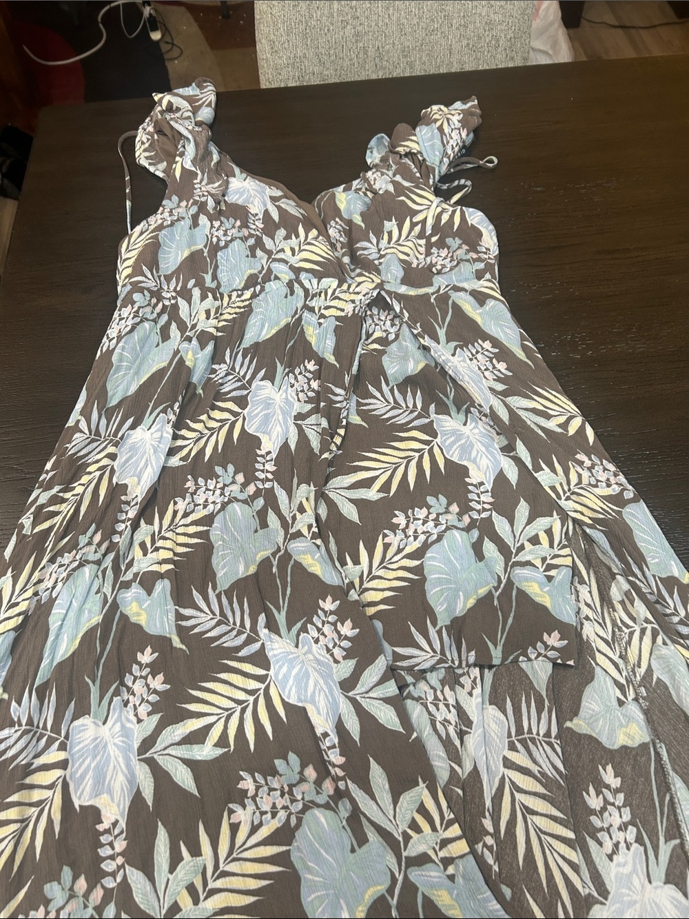 Brown Floral Maxi Dress with Blue & Cream Leaf Print